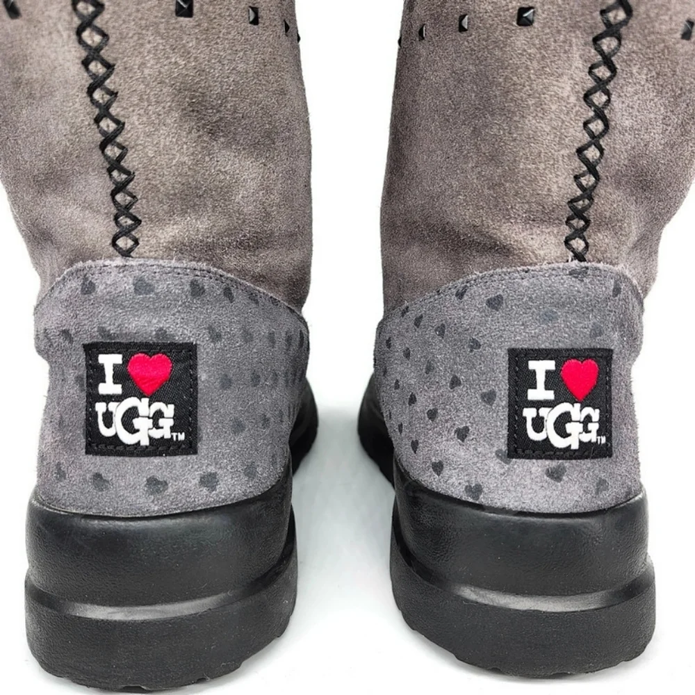 UGG I Heart Rock 'N Roll Grey Printed Hearts Black Studded Pull-On Short Boots